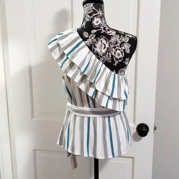 🆕️ 🌿Ann Taylor🌿 - Cream/Teal Striped One Shoulder Ruffle Top w/Sash - Picture 2 of 10